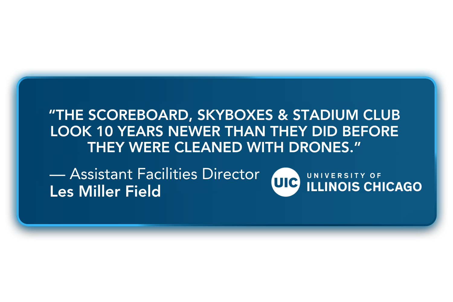 Refreshing Stadium Exteriors With Drone Cleaning Technology Stadiums and athletic facilities contain elevated surfaces that can be difficult to access and highly visible to spectators, athletes, visitors, and event partners. Following drone cleaning at Les Miller Field at the University of Illinois Chicago, an Assistant Facilities Director shared: “The stadium scoreboard and skyboxes/stadium club look 10 years newer than they did before they were cleaned with drones.” This result demonstrates how professional exterior cleaning can make a noticeable visual difference in prominent areas of a sports facility.